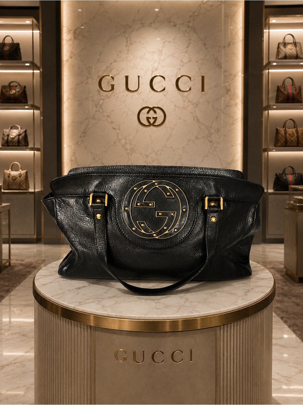 Gucci Black Leather Shoulder Bag with Gold GG Emblem - Picture 1 of 12